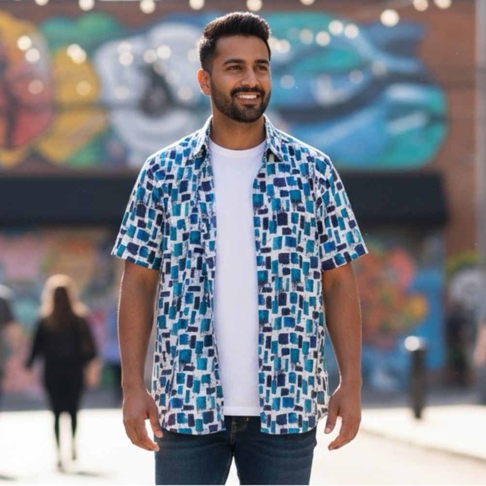 Robert Graham Classic Fit Short Sleeve Button Front Blue Geometric Print 2XL